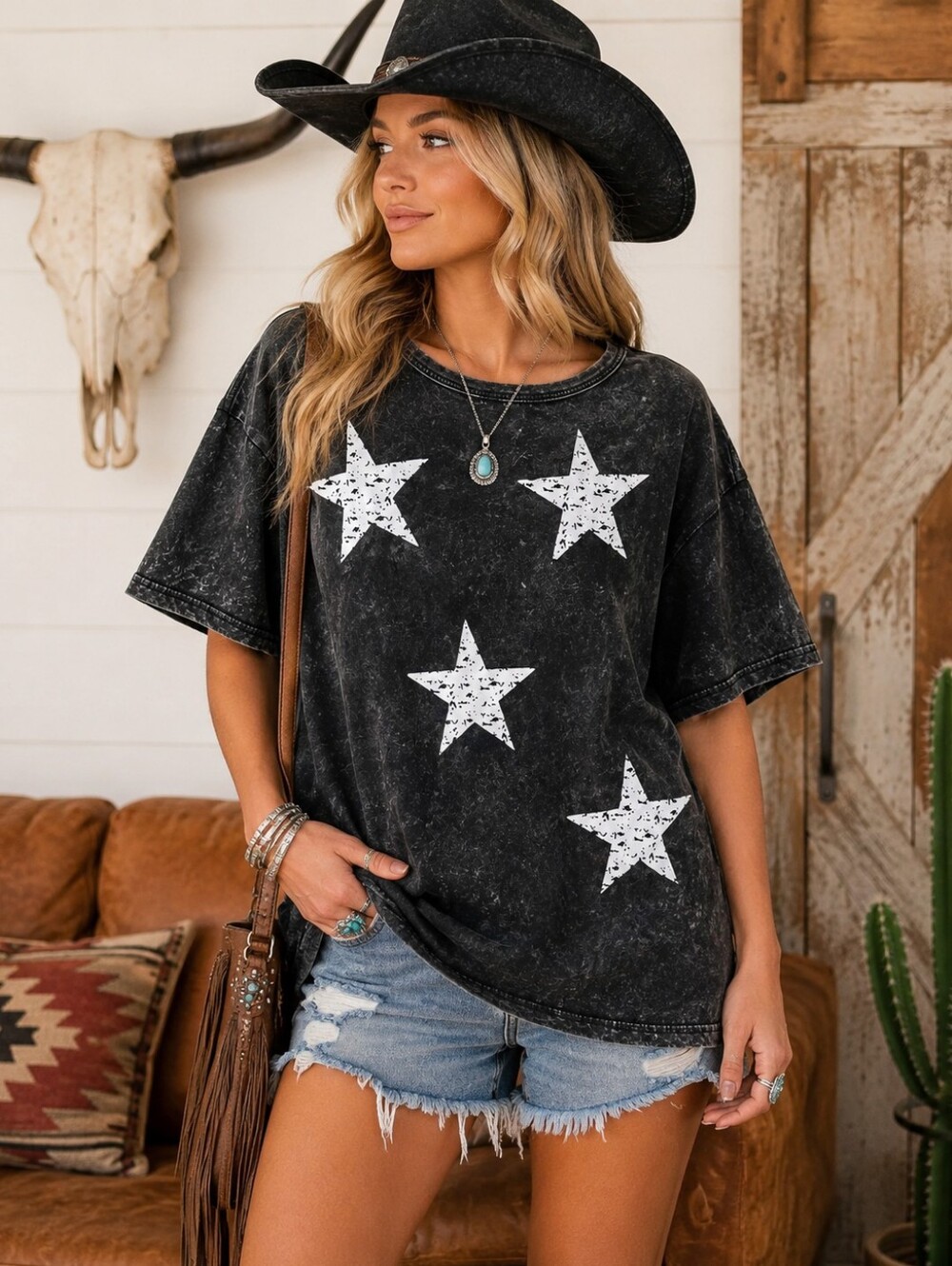 BIBI Black Mineral Wash Distressed Star Graphic Oversized Tee Small